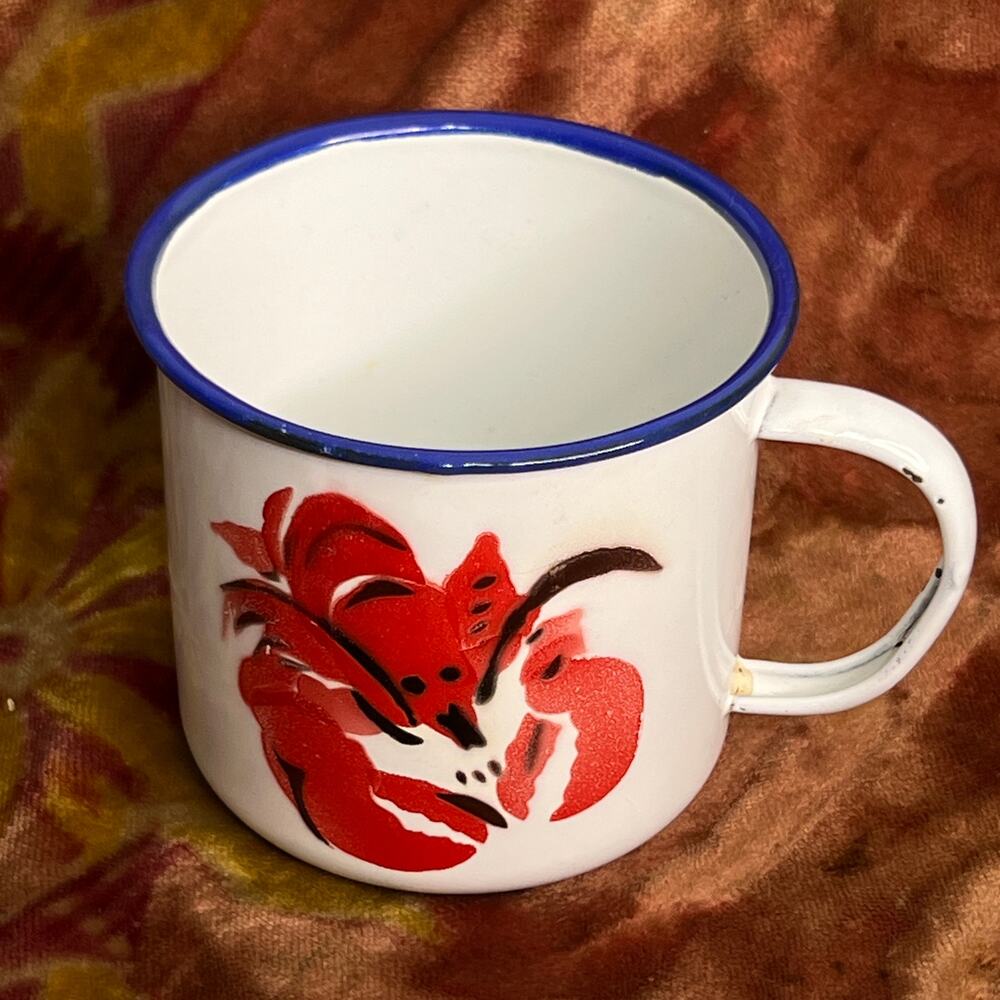 Vintage Enamel Sturdy Fines Lobster Mug Metal Camp Cup Enamel